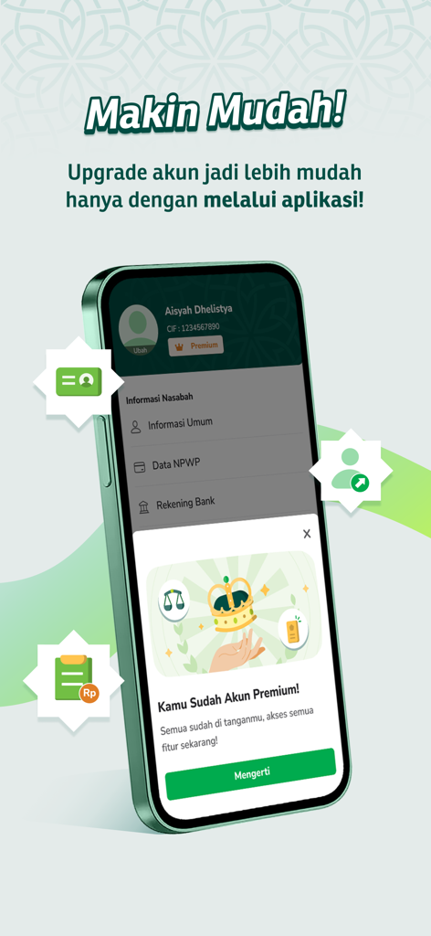 Pegadaian Syariah Digital - Pegadaian Syariah Digitalアプリでプレミアムアカウントのアップグレードが成功したことを示すモバイル画面