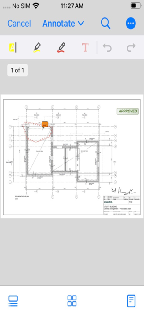 Proarc OnPrem 7.5 - Proarc OnPrem 7.5 interface for annotating a technical foundation plan drawing.