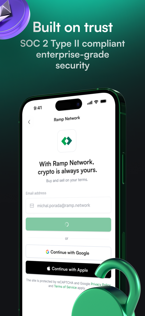 Ramp Network secure login screen showing SOC 2 Type II compliance and social login options