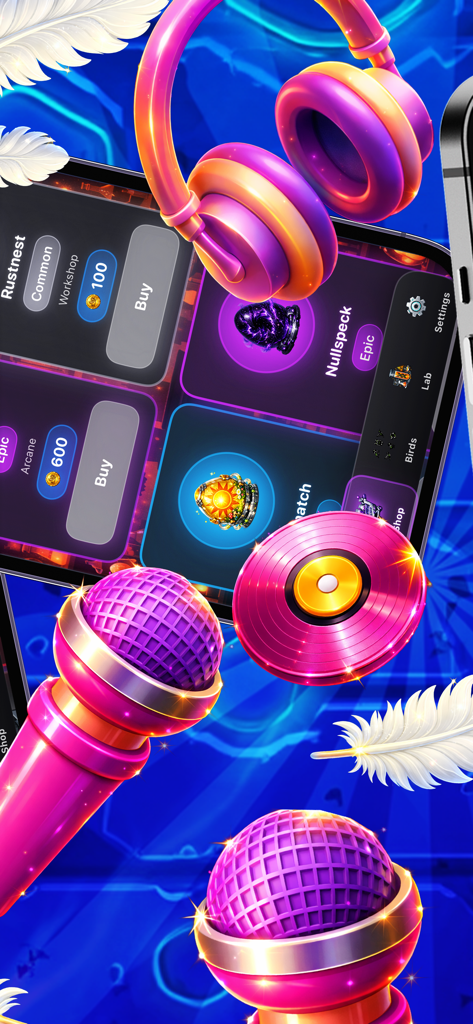 Chik Mut Lab - Chik Mut Labゲームインターフェース、鳥のコレクションメニューと音楽関連のグラフィックスを表示。