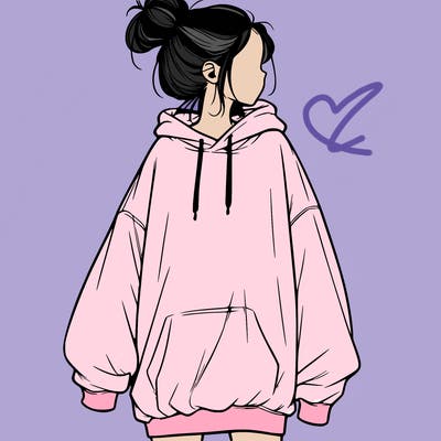 realistic girl with a oversized sweatshirt on and a bun