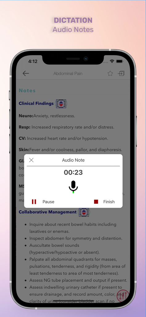 Interface of the RNotes app showing the dictation feature and audio notes recording on a clinical case