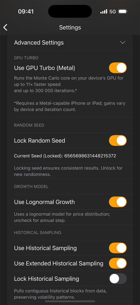 GPUターボ、モンテカルロ乱数シード、履歴サンプリングモデルのオプションを示すBitcoin Simアプリ高度設定画面