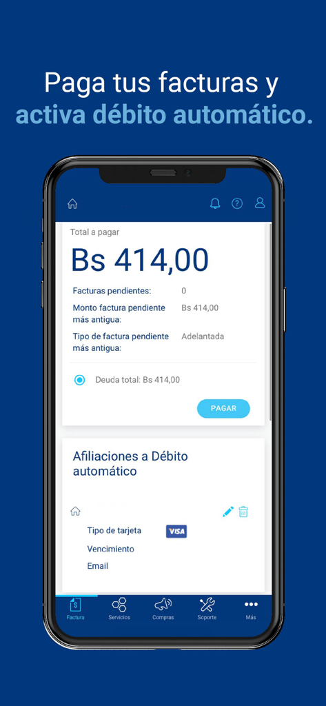 Interface of the Mi Tigo app showing bill payment options and automatic debit settings for services in Bolivia.