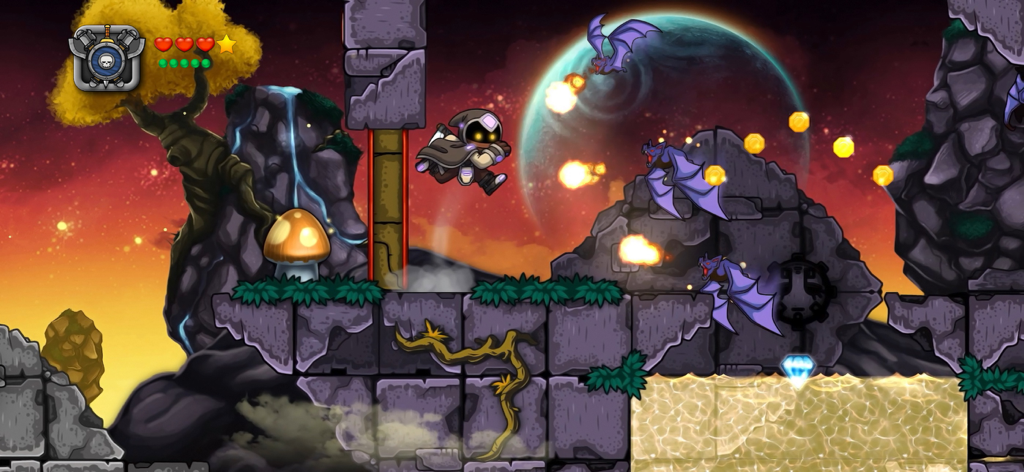 Magic Rampage - Jugabilidad de plataformas de Magic Rampage mostrando a un héroe encapuchado saltando en un nivel de mazmorra con murciélagos y monedas de oro