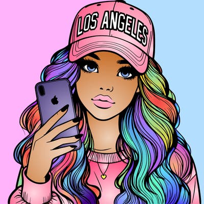 realistic beautiful girl wearing los ángeles cap holding an iphone