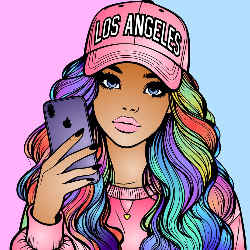 realistic beautiful girl wearing los ángeles cap holding an iphone