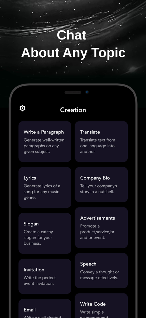 G.AI 4.1 -AI Chatbot Assistant - Creation menu of the G AI 4.1 chatbot app featuring multiple AI writing and coding tools