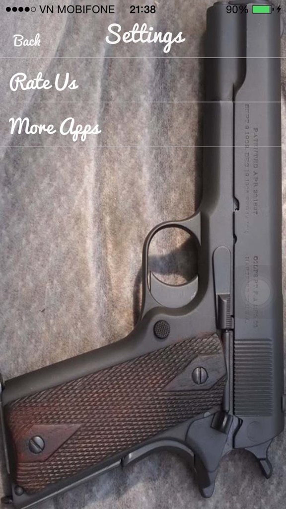 Gun Sounds - Real Gun Sound - Settings screen of the Gun Sounds app featuring a realistic pistol background image
