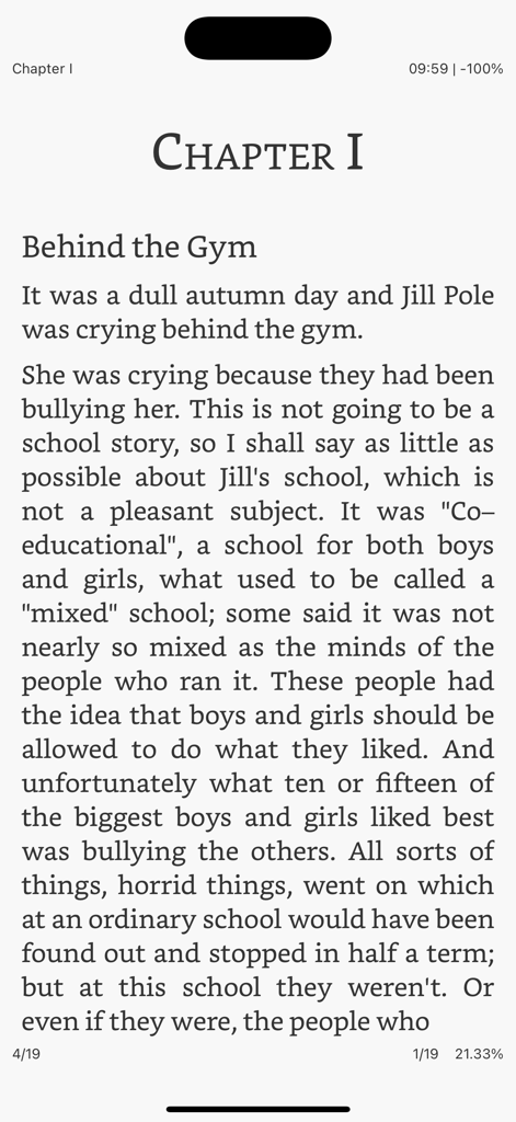 ePub Reader - Powerful - A clean and minimalist mobile reading interface of the ePub Reader app showing the beginning of a chapter titled Behind the Gym