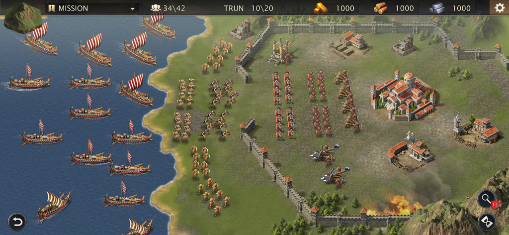 Gameplay-Screenshot von Grand War Rom, der Kriegsschiffe und Truppen in der Nähe einer befestigten Stadt zeigt
