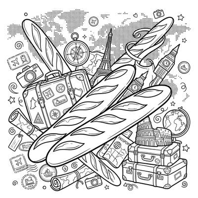 Get ready for an exciting coloring adventure that combines the charm of French baguettes with the thrill of global travel. This intricate design features iconic landmarks and essential travel gear, perfect for inspiring your next creative escape.