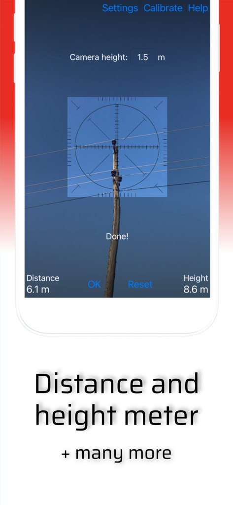 Smart Tools app interface showing the distance and height meter tool measuring a utility pole