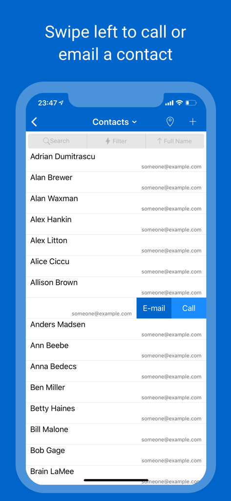 Lista de contactos de Resco Mobile CRM que muestra gestos de deslizamiento para llamar o enviar un correo electrónico a un contacto