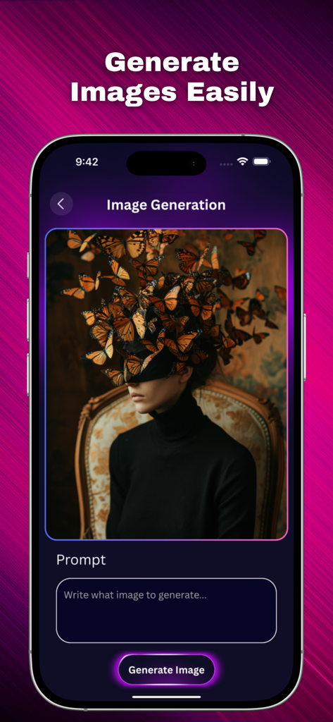 AI PHOTO EDITOR++++ - Interfaz de la aplicación móvil que muestra la función de generación de imágenes de IA con un cuadro de indicación y un ejemplo artístico de una mujer con mariposas.