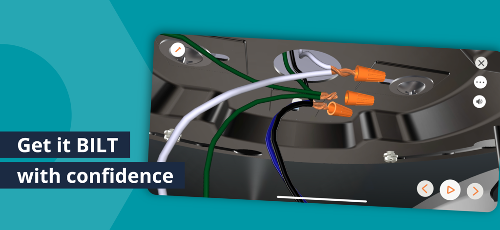 BILT app 3D interactive electrical wiring guide showing color coded wires and connectors
