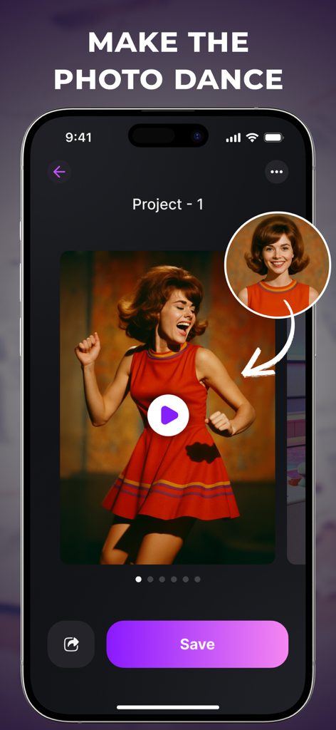 AI Photo Animator & Creator - AI Photo Animator app interface demonstrating the make the photo dance feature on a vintage portrait