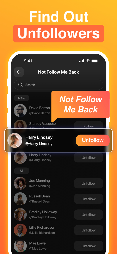 Mobile app interface showing a list of users who do not follow back with an option to unfollow