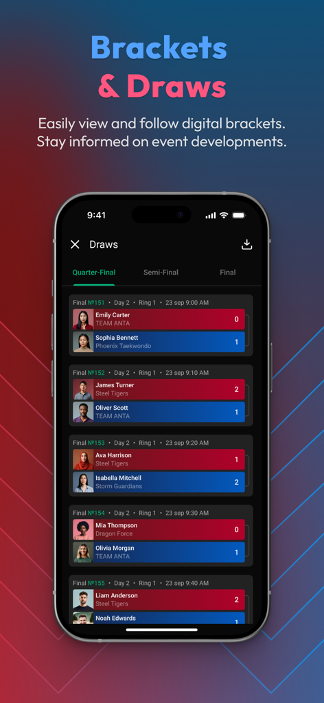 Fitofan - Fitofanアプリの画面。スポーツ競技のブラケットと試合の抽選が表示されています。