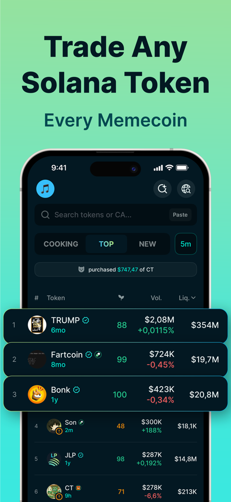 Jupiter Mobile app screen showing a list of trending Solana memecoins and trading data.