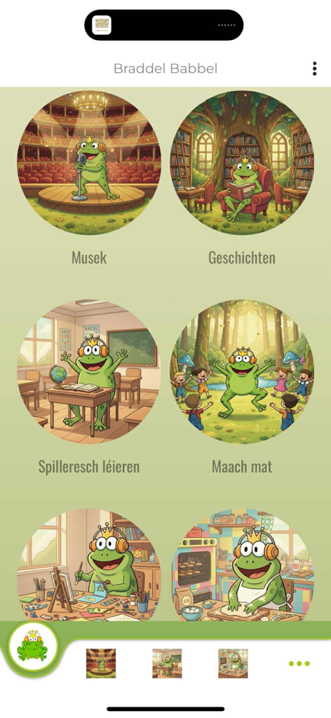 Braddel Babbel - Menú principal interactivo de la aplicación infantil Braddel Babbel con categorías educativas como música e historias, con un personaje de rana de dibujos animados