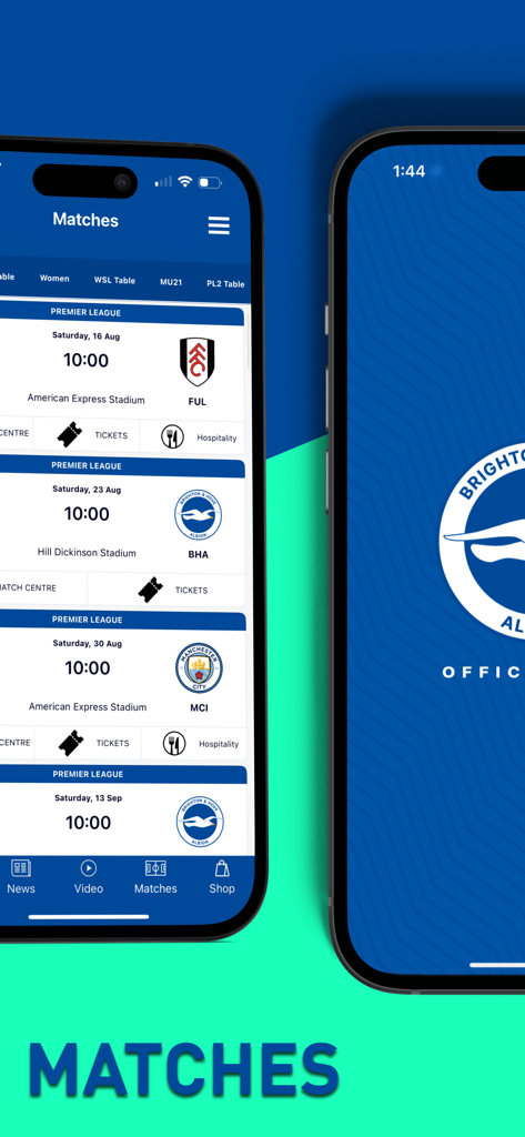 BHAFC App Matches-Bildschirm mit bevorstehenden Premier League-Spielen und Tickets