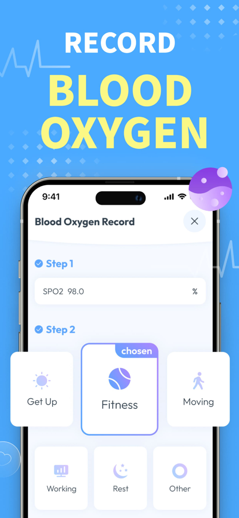 Heart Rate: Pulse Monitor & BP - Interface for recording blood oxygen levels with activity tags like fitness and rest