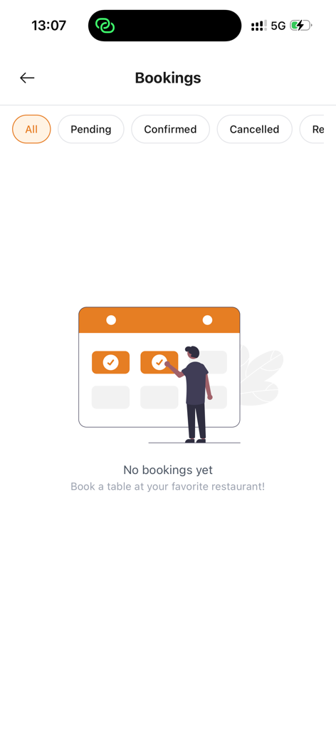 Outly - Bookings management screen in the Outly app showing an empty state with restaurant reservation filters.