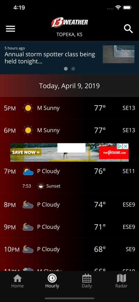 WIBW 13 Weather app - WIBW 13 Weather app displaying the hourly weather forecast for Topeka Kansas