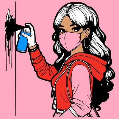 realistic girl with mask spray painting a wall