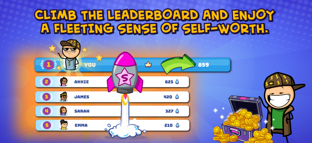 Joking Hazard official mobile app leaderboard screen featuring Cyanide and Happiness characters and a chest of coins