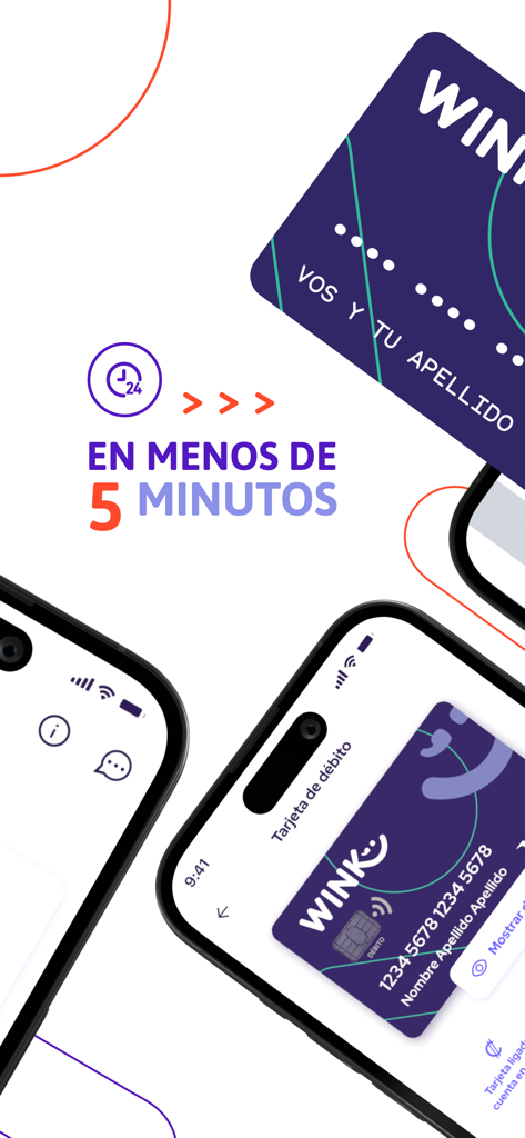 Wink mobile app screen showing quick account creation in less than five minutes and a digital debit card