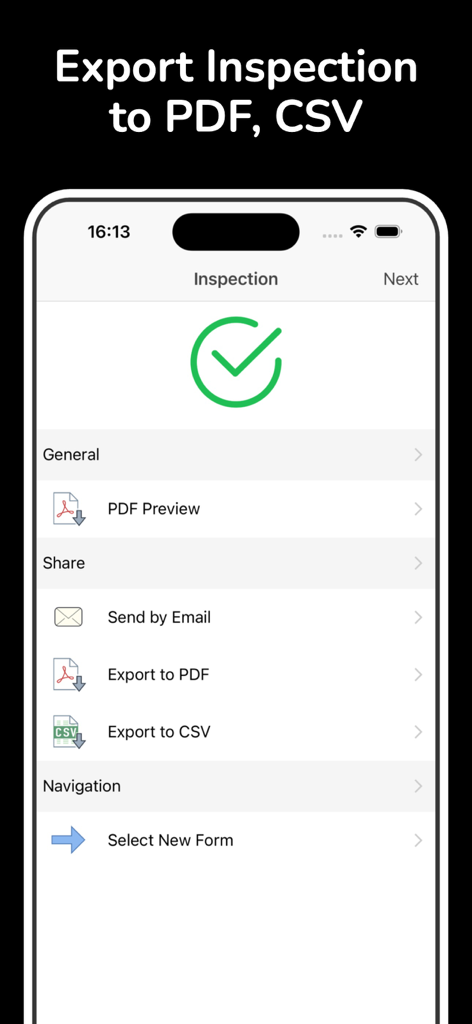 Inspection & Checklist - QAQC - QAQC Auditor app screen showing options to export inspection reports to PDF or CSV and send by email