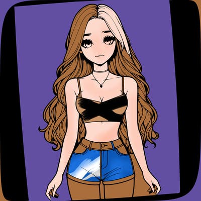 a realistic girl with long hair and in a crop top and shprts
