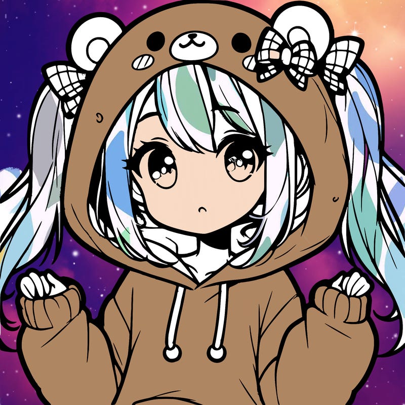 cute anime girl with ponytails and a cute bear hoodie