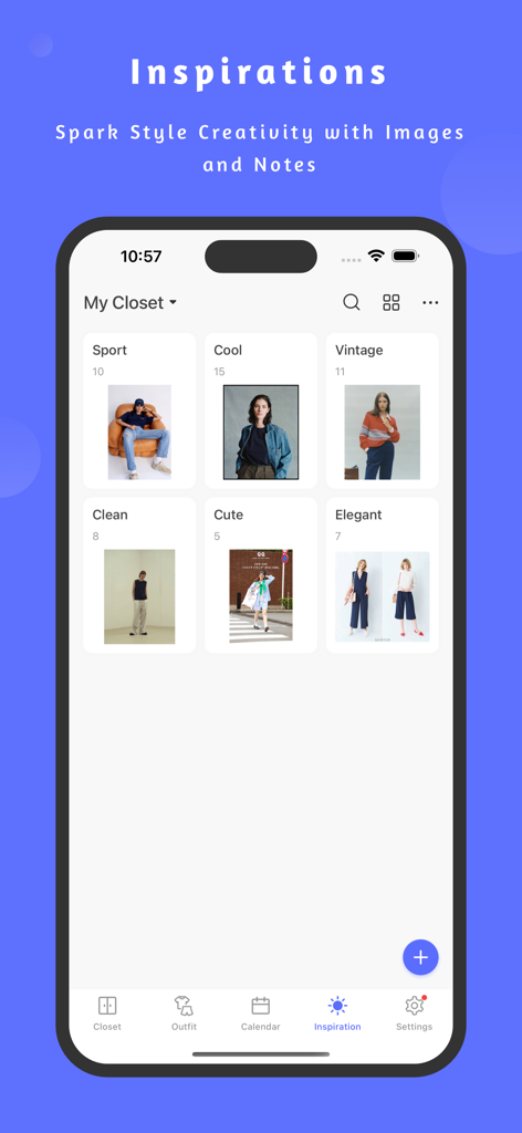 SimpleCloset: Digital Wardrobe - SimpleCloset-App-Oberfläche, die kategorisierte Modeinspirations-Boards wie Vintage- und elegante Stile anzeigt