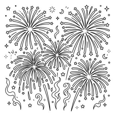 Get ready to ignite your creativity with this spectacular fireworks coloring page designed especially for kids! Watch colorful aerial shells explode across the night sky, surrounded by twinkling stars and delightful sparkles.