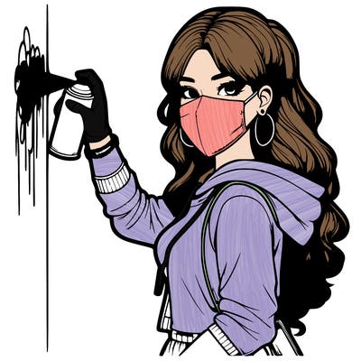 realistic girl with mask spray painting a wall