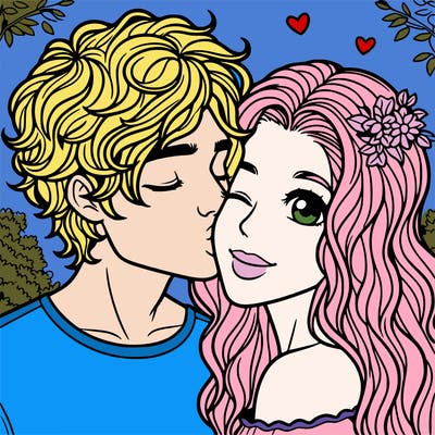 20-year-old boy with curly hair giving a kiss on the cheek to a 20-year-old girl with long hair
