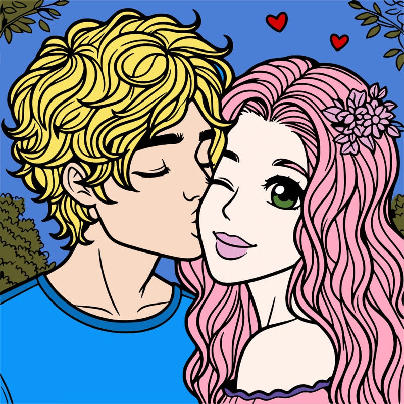 20-year-old boy with curly hair giving a kiss on the cheek to a 20-year-old girl with long hair
