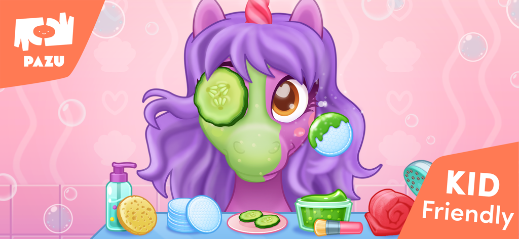 Magical Unicorn World - A purple unicorn receiving a facial spa treatment with a green mask and cucumber slice.