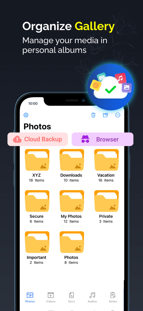 Interface de l'application Gallery Lock montrant des albums photo privés organisés et le statut de sauvegarde cloud