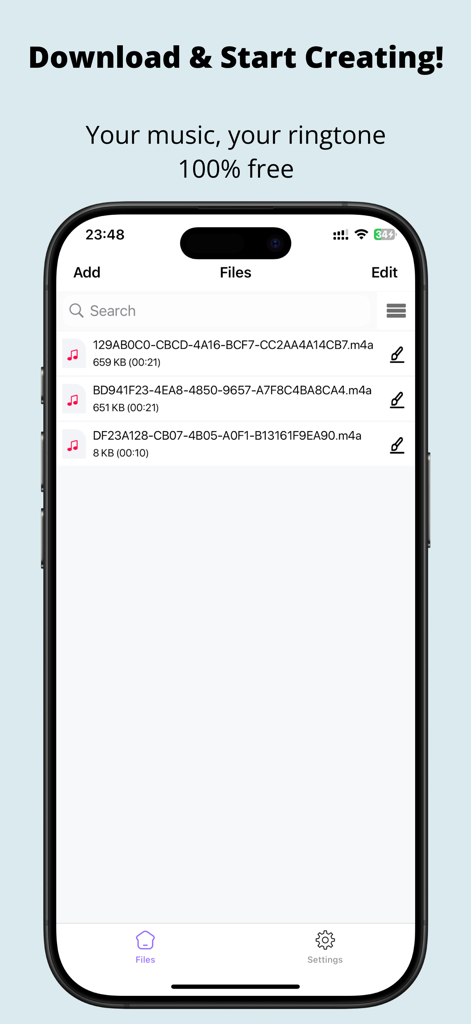 MP3 Cutter: Music Trim & Maker - iPhone에서 벨소리 만들기를 위한 음악 파일 목록을 보여주는 MP3 커터 앱의 인터페이스