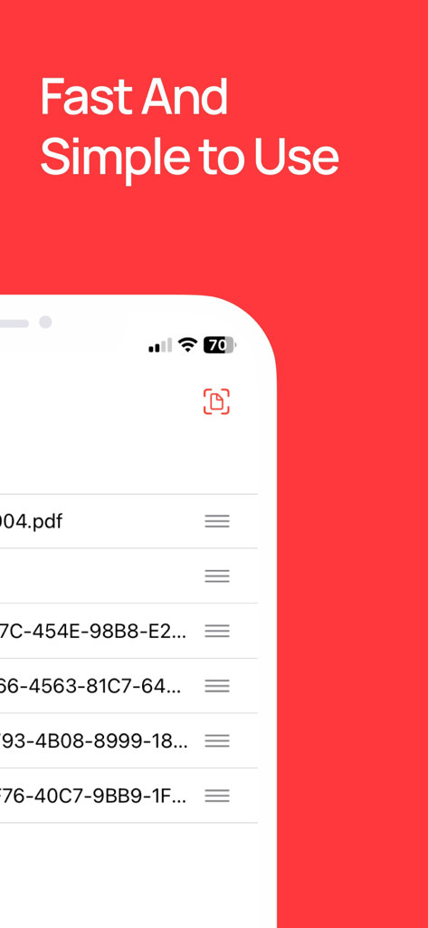 PDF Stitch mobile app screen displaying a list of files ready to be merged and reordered