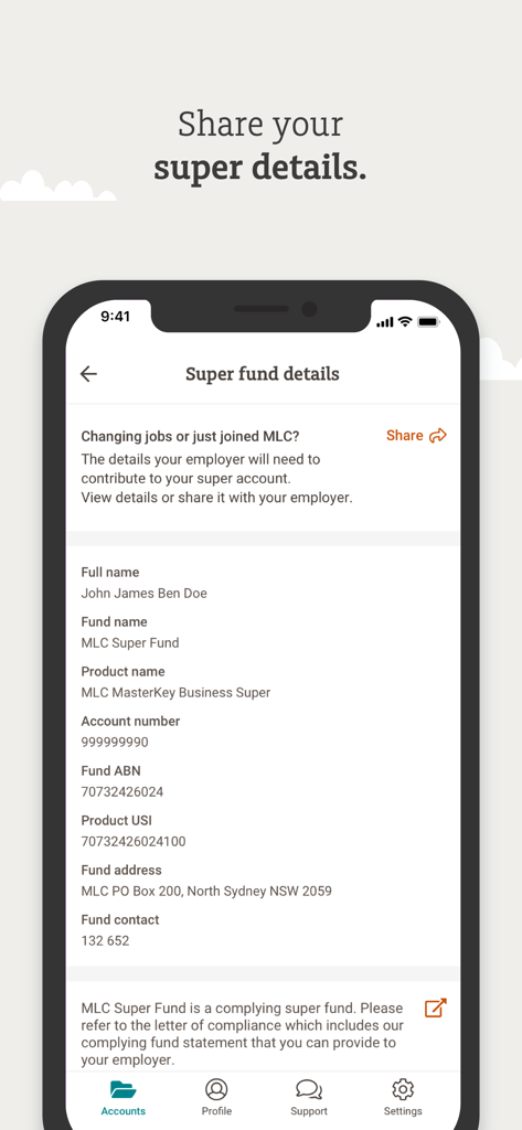 Mobile app interface of MLC showing superannuation fund account details and sharing functionality