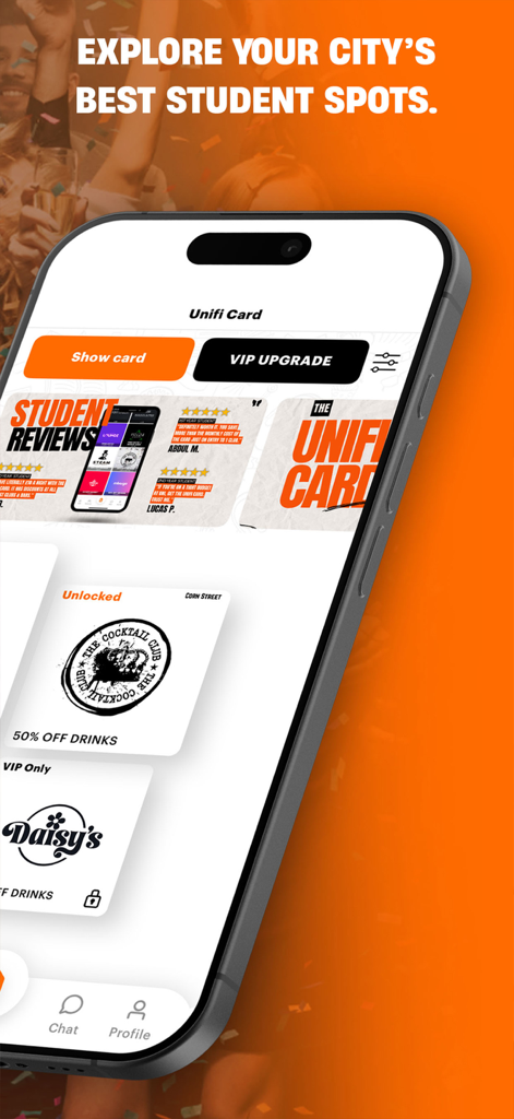Unifi: Home of the Unifi Card - Interfaz de la aplicación Unifi mostrando la función de Tarjeta Unifi para descuentos en ocio nocturno y ofertas de discotecas para estudiantes