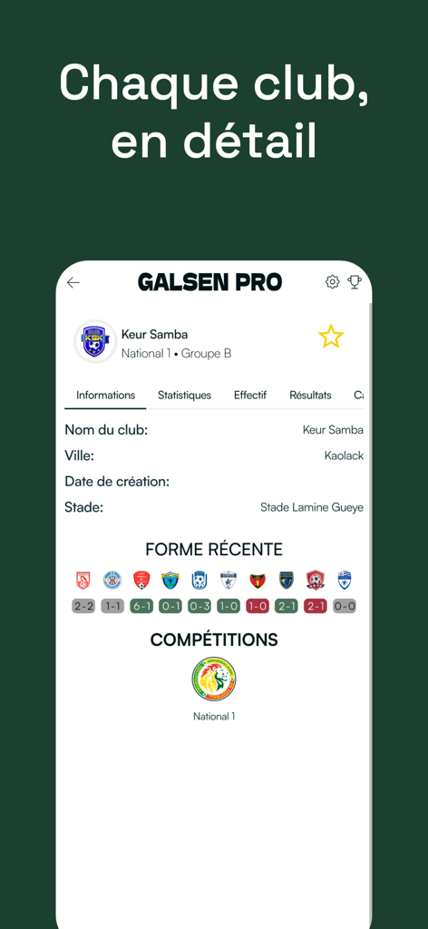 Galsen Pro - Galsen Pro app interface showing detailed football club information including city, stadium, recent form, and competitions for Keur Samba.