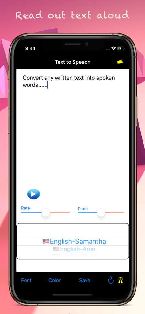 Text to Speech app on iPhone showing voice selection and pitch control sliders