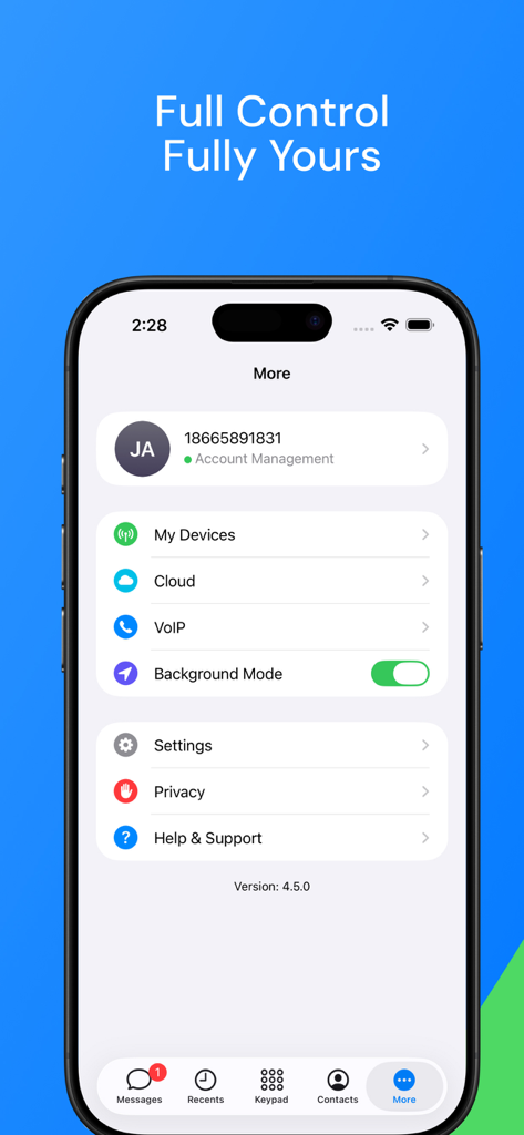 SIMPlus - SIMPlus app settings screen showing account management VoIP options and device controls