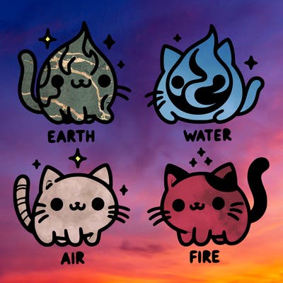 4 cats that represent the different elements, earth, water, air, and fire